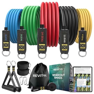 Revity Elastique Musculation Kit 5 Pièces - Bande de Resistance avec Poignées pour Entraînement de Musculation et Fitness à la Maison – Plan PDF 30 Jours - Elastique Sport Latex Naturel Durable