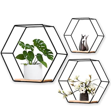 Étagères Murales Hexagonal Lot de 3, Etagere Murale Fer, Étagères Métalliques de Rangement pour Cuisine, Salle de Bain, Salon Chambre Bureau, Étagère en Métal Flotté Afficher Plante Livres (Noir)