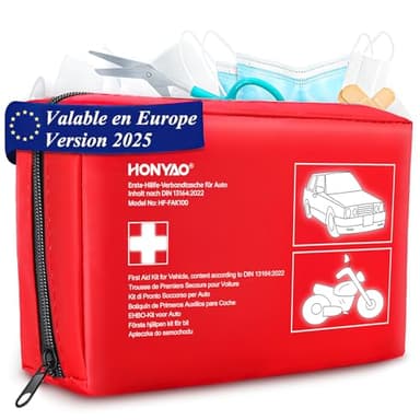 HONYAO Trousse Premiers Secours Voiture, Trousse à Pharmacie Conforme à la Dernière Norme DIN 13164, Kit Premier Secours pour Auto Camions Caravane Moto Maison Voyage Camping