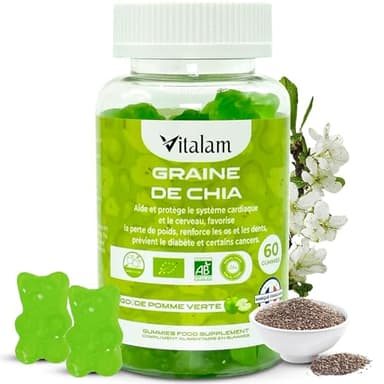 Vitalam Gummies Graine de chia, Gummies Chia Minceur & Perte de Poids et de Tour de taille, Source de protéines, fibres et OMEGA 3, Complément alimentaire, Sans Sucre, 60 gummies, Goût Pomme