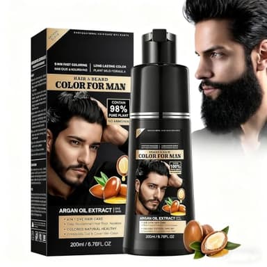 Coloration Noir Homme 4-en-1 Black Hair Dye Shampoo, Shampoing Colorant Noir pour Cheveux et Barbe, Teinture Naturelle Semi-Permanente, Soin Doux, 200 ml