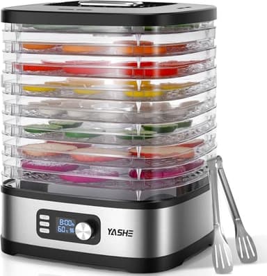 YASHE Deshydrateur Alimentaire 8 Plateaux, 72H Temps & Température, Inclus Feuilles en Maille, Plateau pour Rouleaux de Fruits et Pinces Inox pour Jerky, Fruits, Viande, Légumes, Herbes, Sans BPA