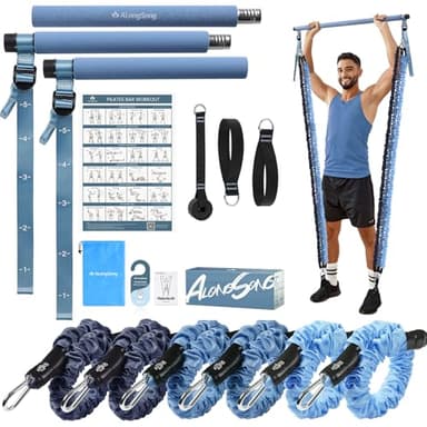 ALongSong Elastiques de Musculation Barre de Pilates avec 6 Bandes de Résistance Élastique 180LBS ou 240LBS Ancrage de Porte Réglable Amovible pour Sport Maison Fitness Yoga Étirement Squat