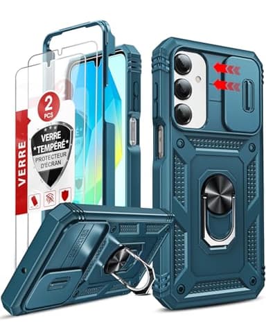 LeYi Coque pour Samsung Galaxy A16/A 16 4G/5G avec 2*Verre Trempé+Anneau Support,Full Protection de la Caméra en PC Dur Anti-Chut Renforcée Armor Heavy Duty Antichoc Bumper Housse Etui,Bleu