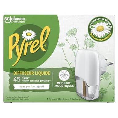 Pyrel Diffuseur Electrique Liquide - Répulsif Moustiques 45 Nuits - Sans Parfum - 1 Diffuseur + 1 Recharge