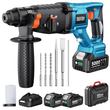 Seesii 3.2J Marteau Perforateur Sans Fil SDS-Plus: 850W Puissant, 2x Batteries 5000mAh, 3-en-1 (Perçage/Perforation/Burinage), Kit Complet avec Mallette