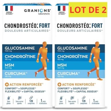 GRANIONS CHONDROSTEO+ FORT Articulations - Formule Renforcée - Curcuma - Mobilité & Souplesse Articulaire, Flexibilité, Capital Osseux - Glucosamine, Chondroïtine, MSM, Curcuma - 120 comprimés