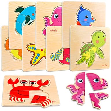 8 Puzzles en Bois Enfant, Jeux Bébé, Jouet Montessori pour Garçons Filles, Cadeau Anniversaire Halloween Noël, Cube Animaux Marins, Éducatifs 1 2 3 Ans