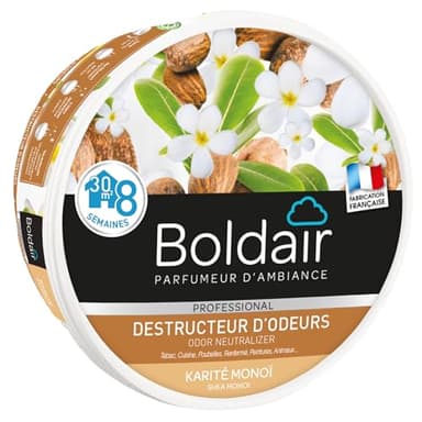 BOLDAIR - Gel destructeur d'odeur Karité Monoï - Neutralise les odeurs - parfume - Produit gel solide - Multi application - durée 8 semaines - 300g - Fabrication française