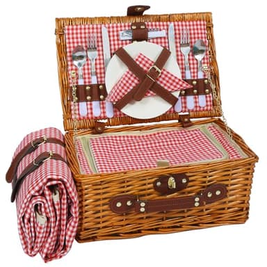 HYBDAMAI Panier de pique-nique pour 2 personnes, avec compartiment isotherme et couverture de pique-nique imperméable, sangle amovible, sac à vin, couverts, pour le camping, la plage, la randonnée, le