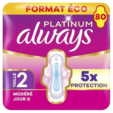 Always Platinum Serviettes Hygiéniques, Taille 2, Long, 80 Serviettes Avec Ailettes, Flux Modérés Jour, Format Eco, Douces et Flexibles, Super Absorbantes et Ultra Fines