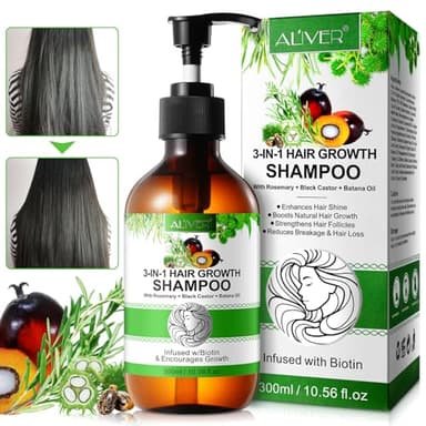 3 in 1 Shampoing Romarin pousse cheveux, shampooing au romarin de croissance des cheveux avec huile de romarin, huile de ricin et batana, bio shampoing anti chute pour femmes hommes 300 ml