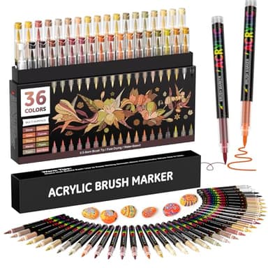 TrendGate 36 Couleurs Feutre Acrylique, Marqueur Peinture Acrylique Pinceau Pour Papier, Verre, Galet, Métal, Plastique, Bois, Oeuf, Céramique, Textile - Brun