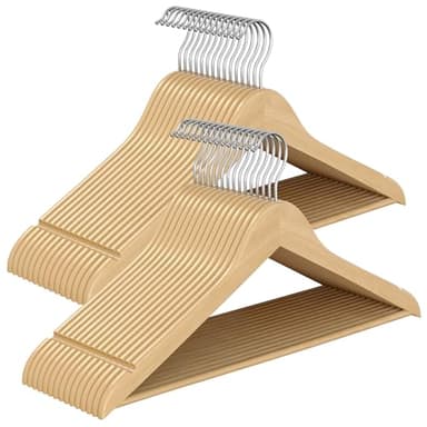 SONGMICS Cintres en Bois, Lot de 30, Fins, avec Encoches, Porte-Pantalons, Crochet Pivotant à 360°, Bois de Bouleau, Gain de Place, pour Haut à Bretelles, Veste, Naturel CRW030K01