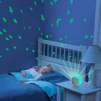 HSDSH Reveil Enfant Réveil Educatif Jour Nuit Enfant Reveil Veilleuse 7 Couleurs Lumière avec Projecteur d'Étoiles, Lampe de Table et Rappel de Musique, Affichage de Heure et Température (Rouge)