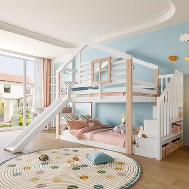 Yihomfy Lit superposé Enfant avec Toboggan et escalier, Style scandinave, Construction en Bois Massif, Stable et sûr, avec barrière de sécurité et Espace de Rangement, Gain de Place (Blanc)