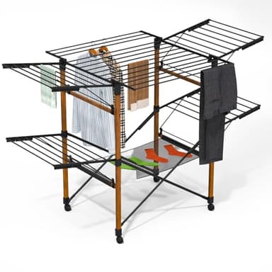 vounot® Étendoir à Linge Grande Capacité 173x94x123cm Séchoir à Linge Extensible Pliable avec roulettes et Maille Multifonction Imitation Bois pour Usage Intérieur et Extérieur Noir