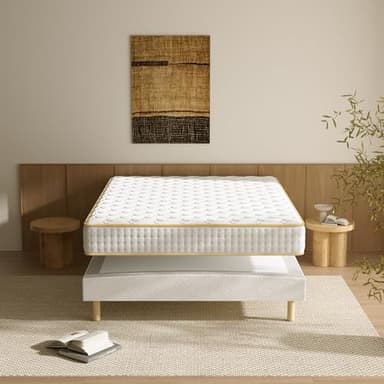 TEENO-Matelas 160 x 200 en Mousse + Sommier 160 x 200 tapissier volige + 4 Pieds et 26 Lattes, Maintien Parfait pour Un Matelas Double Face hautement élastique, Ultra-Respirant