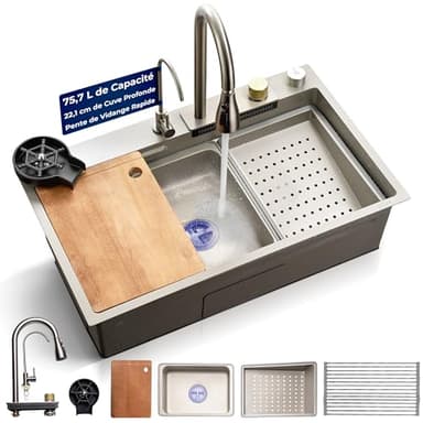SereneLife Évier de Cuisine en Acier Inoxydable | Évier Durable avec Étagère de Drainage, Panier à Filtre, Plateau pour Évier, Planche à Découper et Lave-Tasses | Design Élégant et Moderne | 29.5"L