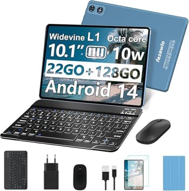 fezawio Tablette Tactile 10 Pouces Android 14, 22Go RAM+128Go ROM(Extensible 1To)|5MP+8MP|5G Wi-FI|Certifié Widevine L1|Processeur Octa-Core|8000mAh|Clavier+Souris+Coque de Protection Inclus (Bleu)