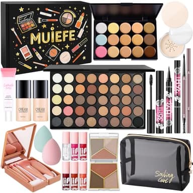 Muiefe Kit Maquillage Femme, Mallette et Coffret de Maquillage Ado Fille, Coffret Cadeau Maquillage avec Palette à Yeux Correcteurs Contour Fond de Teint Mascara Gloss à Lèvres Eyeliner Crayon Sourcil