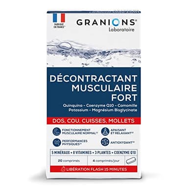 GRANIONS Décontractant Musculaire Fort | Apaise les contractures du dos, cou, cuisses, mollets I Douleurs Intenses | 5 minéraux, 8 vitamines, 3 plantes | Co-enzyme Q10 | Action rapide 15min | 20 comp