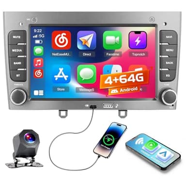 Roinvou 4+64G Android15 Autoradio pour Peugeot 308 408 2007-2015 sans Fil CarPlay Android Auto, 9 Pouces Écran Tactile Radio Bluetooth Mirror Link Navi GPS EQ WiFi FM/RDS SWC