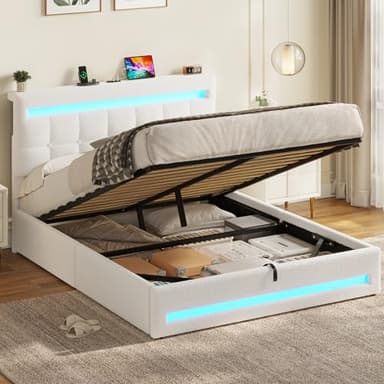 AOGLLATI Lit Coffre 140×190 cm avec LED et Ports USB, Lit Double Rembourré avec Rangement hydraulique, tête de lit réglable en Hauteur, Sommier à Lattes,Facile à Assembler, Bouclée, Beige(sans Matela)