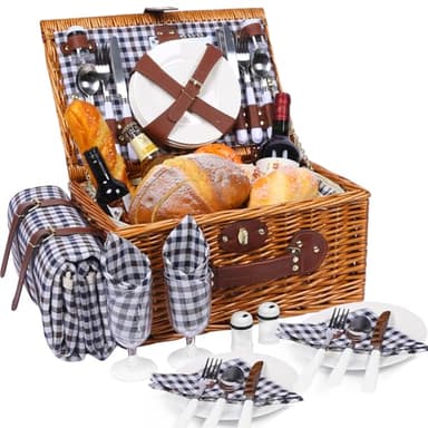 HYBDAMAI Ensemble de panier de pique-nique pour 4 personnes avec compartiment de refroidissement et nappe de pique-nique imperméable, sangle détachable, couverts, pour camping, plage, randonnée