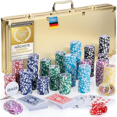 Mallette de poker Profi Pokerset comprenant 300-500 jetons de poker de haute qualité ; deck de poker, jeu de cartes, cartes de poker, dés, bouton de croupier ; casino à domicile (Or, 500 Jetons)