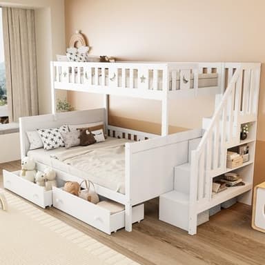 EURHCIO Lit Superposé Enfant 90/140x200cm,Lit Superposé 3 Places avec 2 Tiroirs,Escalier de Rangement,Barrière Haut,Sommier à Lattes Robuste,pour Enfants Ados (Blanc 2,90/140)