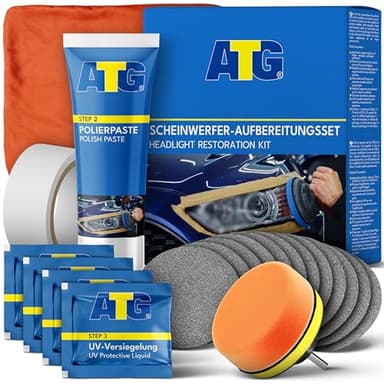 ATG® Rénovateur Phare Voiture – Kit Rénovation Phare Voiture avec Polish Voiture Rayure, Vernis Protecteur & Applicateur pour Phares Jaunis et Rayés