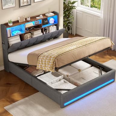 AOGLLATI Lit Coffre 140x190, Lit 140x190 avec Sommier à Lattes en Bois Capitonné avec Multiprise et Ruban LED, 5 Compartiments et Rangement sous Sommier, sans Matelas, Lin Gris Foncé