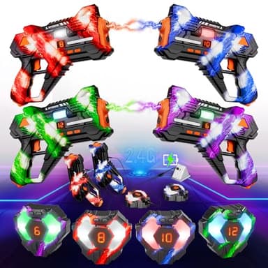 Pistolet Jouet Rechargeable Set de 4-2.4GHz Data Sync Display Pistolet Jouet avec Gilet 4 Joueurs, Jeu de Infrarouge en intérieur et extérieur pour Enfants garçons Filles Ados 6-12+