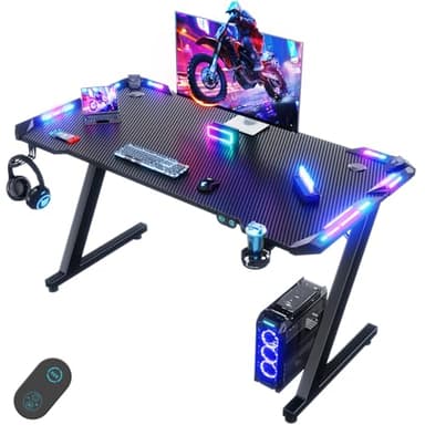 Devoko Bureau Gaming LED 120×60cm,Contrôleur Touché de Lumière par USB, Plusieurs Modes de Changement de lumière,Porte-gobelet et Crochet pour Casque, Bureau Gamer Informatique Ergonomique, Noir