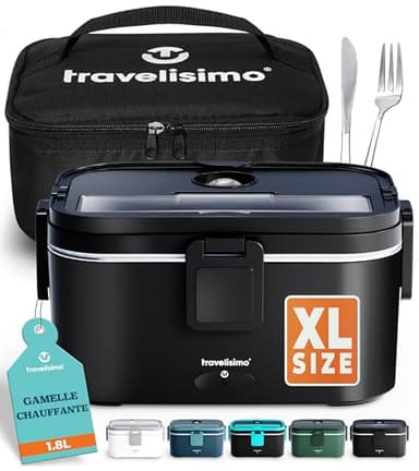 TRAVELISIMO XL Gamelle Chauffante Grande Capacité 1,8L Lunch Box Chauffante 80W Chauffe Repas 3 en 1 220V 24V 12V, chauffe Plat voiture, Gamelle Chauffante Allume Cigare, Acier Inoxydable
