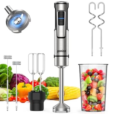 Ganiza Mixeur Plongeant 5-en-1, Mixeur Électrique 1200W avec Vitesse Réglable & Fonction TURBO, Pied Mixeur avec Double Mousseur à Lait, Idéal pour Sauces, Soupes, Smoothies & Milkshakes