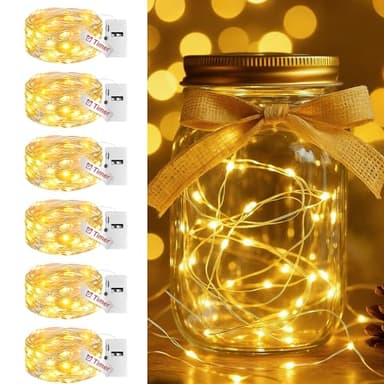 btfarm Lot de 6 Mini Guirlande Led à Pile avec Minuterie, 2M 20 LED Petite Guirlande Lumineuse avec 3 Modes Étanche pour Interieur Chambre Mariage Fête Noël Bouteille Décoration, Blanc Chaud