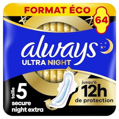 Always Ultra Serviettes Hygiéniques, Taille 5, Extra Secure Night, 64 Serviettes Avec Ailettes, Flux Très Abondants Nuit, Format Eco, Max Confort, Super Absorbantes et Ultra Fines