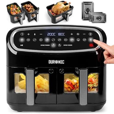 Duronic AF34 BK Set Friteuse à Air avec 1 grand tiroir de 10L et 2 petits tiroirs de 5L inclus | 10 Programmes de Cuisson Préréglés | Sans huile | Fonctions Sync Cook Sync Finish