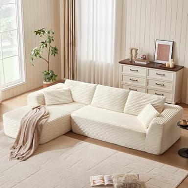 LINSY Home Canapé-lit d'angle modulable en Forme de L en Corduroy 270 cm 3 Places avec Ottoman Canapé sectionnel pour Salon Aucun Montage nécessaire Beige