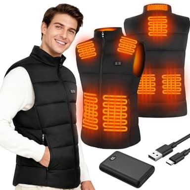Gilet Chauffant Homme avec Batterie 10000mAh 7.4V Incluse, Deepoter Veste Chauffante Homme avec 3 Températures, 8 Zones de Chauffage,Gilet Chauffant Electrique pour Ski, Pêche, Moto en Plein Air(L)