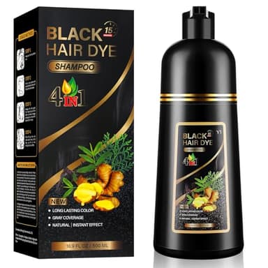YUOLITA 500ML Shampoing Colorant Noir, 4 in 1 Naturelle Instantanée Shampooing Tcheveux colorés,Hair Dye Shampoo Cheveux Colorés, Hair Dye pour Hommes Femmes