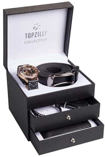 TOPZILLY Coffret Premium pour Homme : Montre, Bracelet, Porte-Clés, Portefeuille en Cuir et Ceinture - Cadeau d'Anniversaire ou de Noël pour Lui