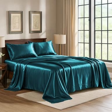 Pure Bedding Lot de 4 draps-Housses en Satin Bleu Sarcelle Luxueux Soyeux Extra Doux 1800% Microfibre Infroissable ne se décolore Pas et résiste aux Taches avec Poche Profonde