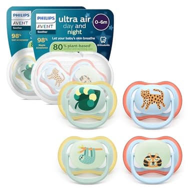 Philips Avent Day et Night Sucettes ultra air - Tétines orthodontiques, pour bébés de 0 à 6 mois, version phosphorescente, tétine en silicone souple d'origine végétale, sans BPA, lot de 4, SCF087/22
