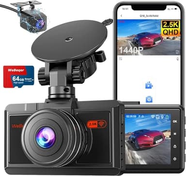 WeBeqer Dashcam Voiture Avant Arriere, Camera Voiture 2.5K+1080P avec 64G SD Carte WiFi & App, Dash Cam Grand Angle 170°, Vision Nocturne, WDR, G-Capteur, Mode Stationnement, Enregistrement en Boucle