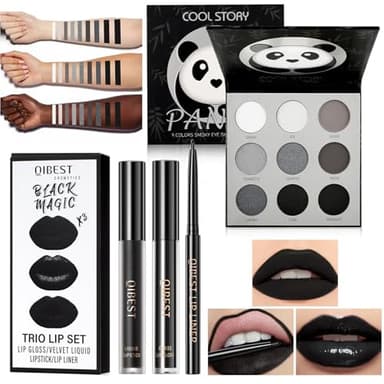 Palette de Maquillage Gothique et Kit de Lèvres: Palette D'ombres à Paupières Smoky Noir et Ensemble de Rouges à Lèvres Noir Mat avec Crayon à Lèvres et Gloss, Waterproof et Longue Tenue pour Hallowee