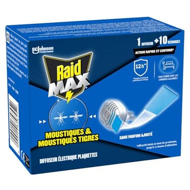 Raid Max Diffuseur Electrique Plaquettes - Anti-Moustiques et Moustiques Tigres - Protection Efficace - Sans Parfum - 1 Diffuseur + 10 Recharges