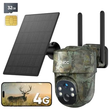 GNCC 4G Camera de Chasse 2K Camera Exterieur sans Fil 4G Solaire avec Carte Sim avec Détection PIR sans WiFi, Vision Nocturne Couleur/Infrarouge, 360° PTZ, Sirène, Chasse et Surveillance à Distance